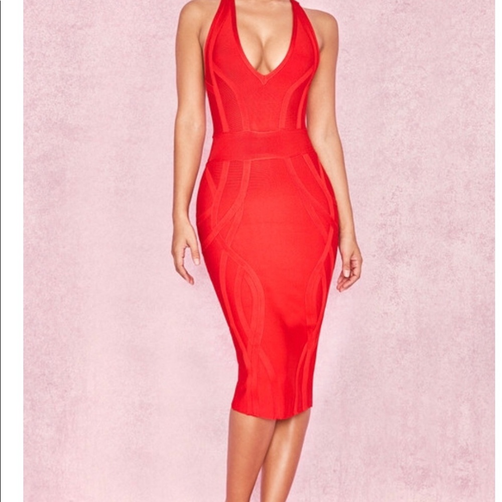 ‘CICI’ Red Deep V Plunge Bandage dress